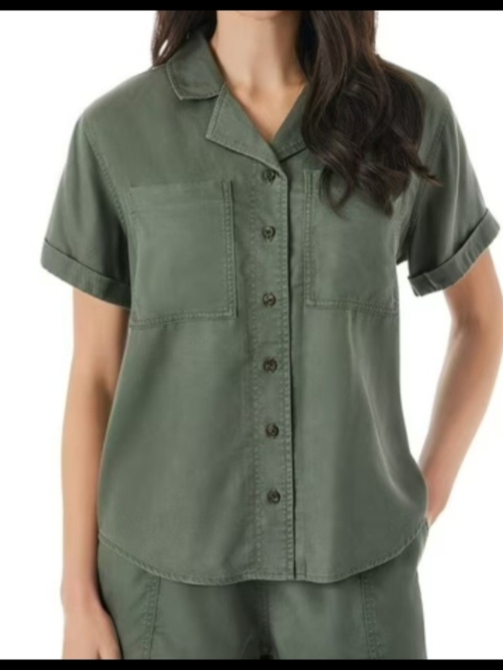 Button-Front Short Sleeve Utility Tencel Camp Shirt in Olive Green Sm & Lg